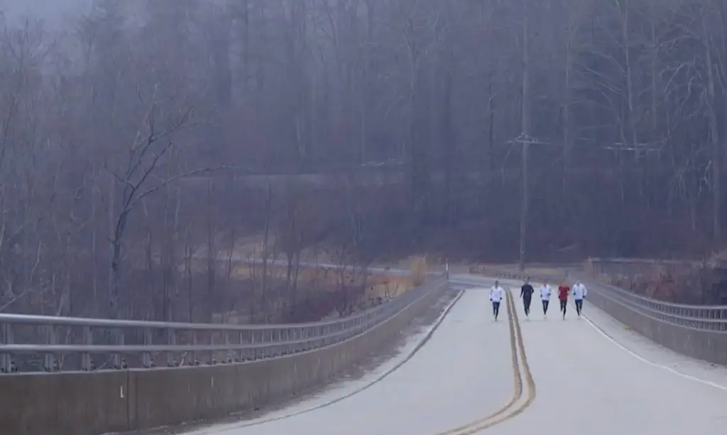 Group of runners on a bridge during a misty day, captured for our Sales Content Library.